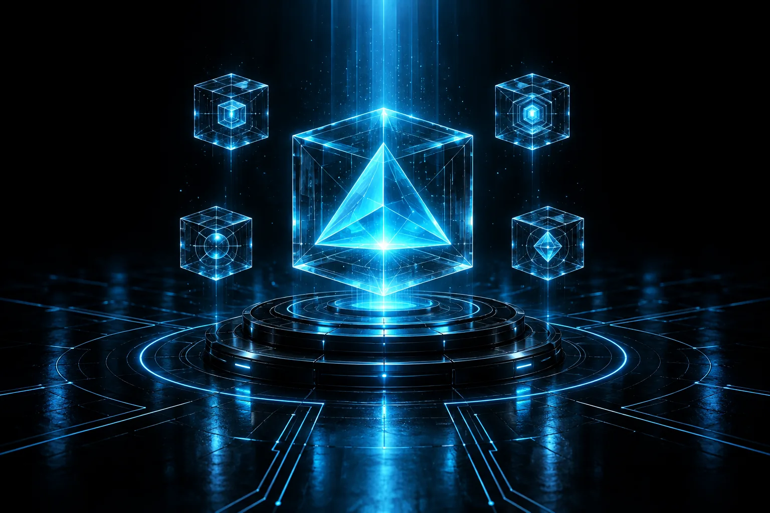 Núcleo tecnológico azul conectando os recursos da plataforma